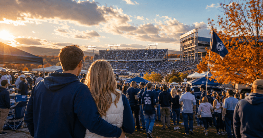 Couple at a Penn State football tailgate at sunset