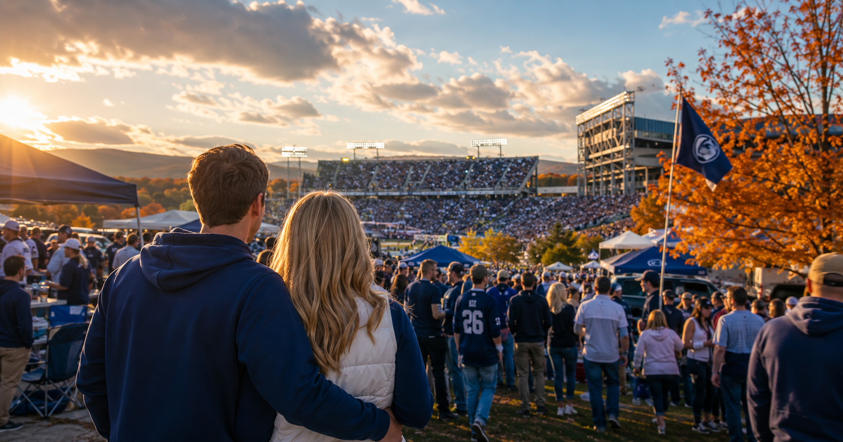 Couple at a Penn State football tailgate at sunset