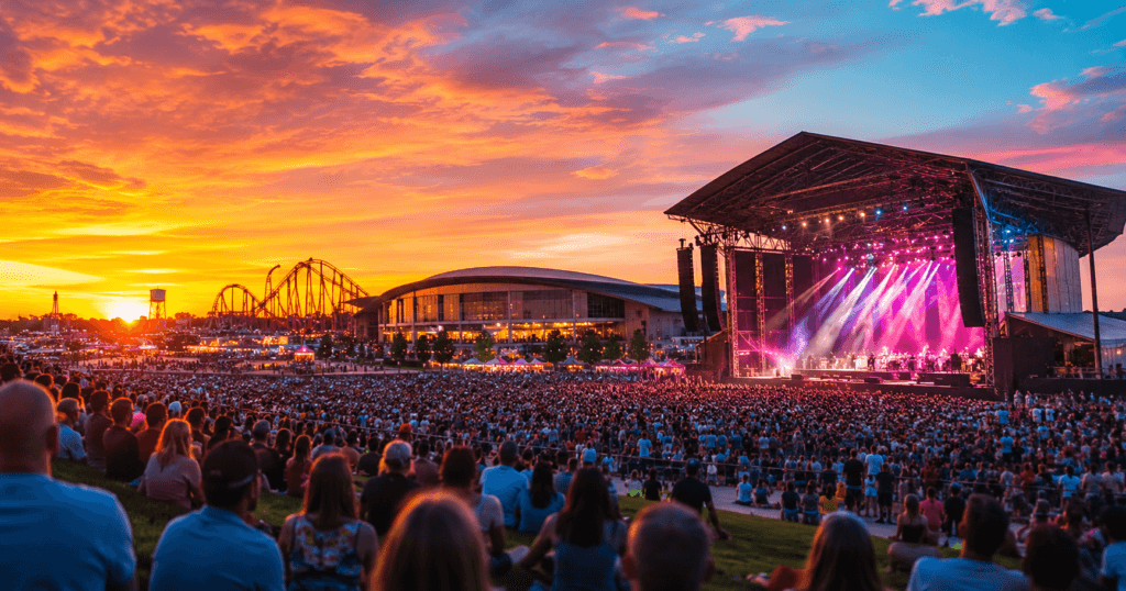 Summer concert at dusk near Hershey PA with crowd and roller coaster in background