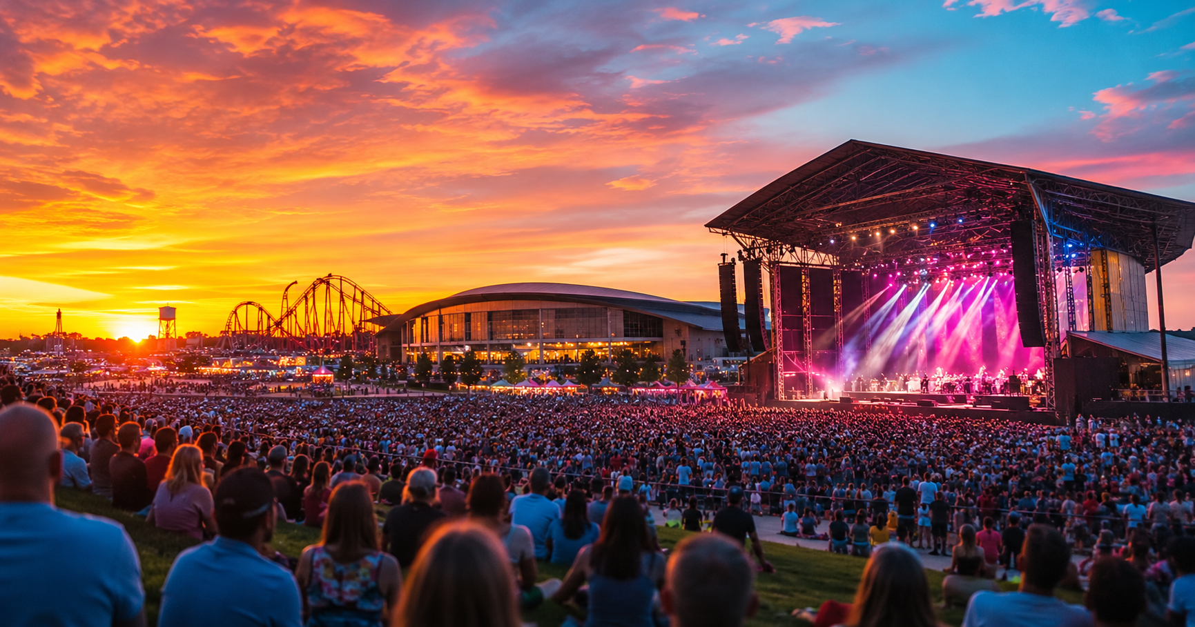 Sunset concert crowd at an outdoor stadium show near Hershey PA with a roller coaster in the background