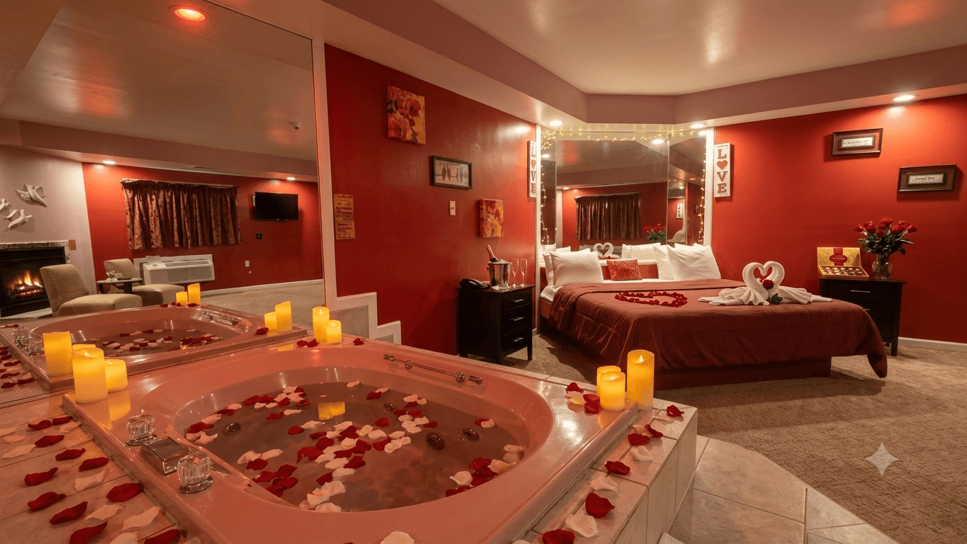 Private heart-shaped jetted hot tub with rose petals and candles inside a romantic suite at Inn of the Dove in Harrisburg PA