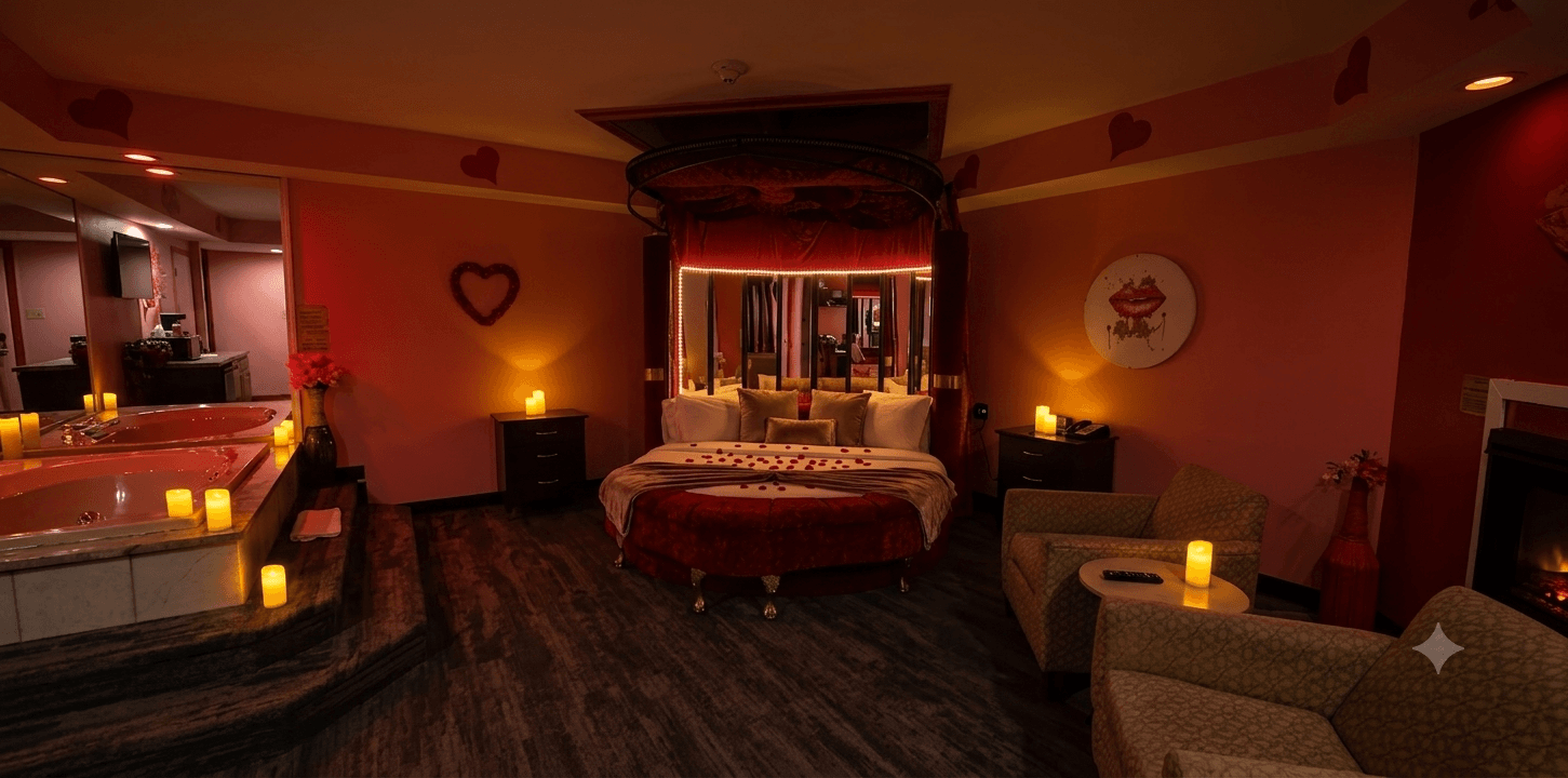 Dimly lit private romantic suite interior at Inn of the Dove, an adults-only hotel near Harrisburg and Hershey PA