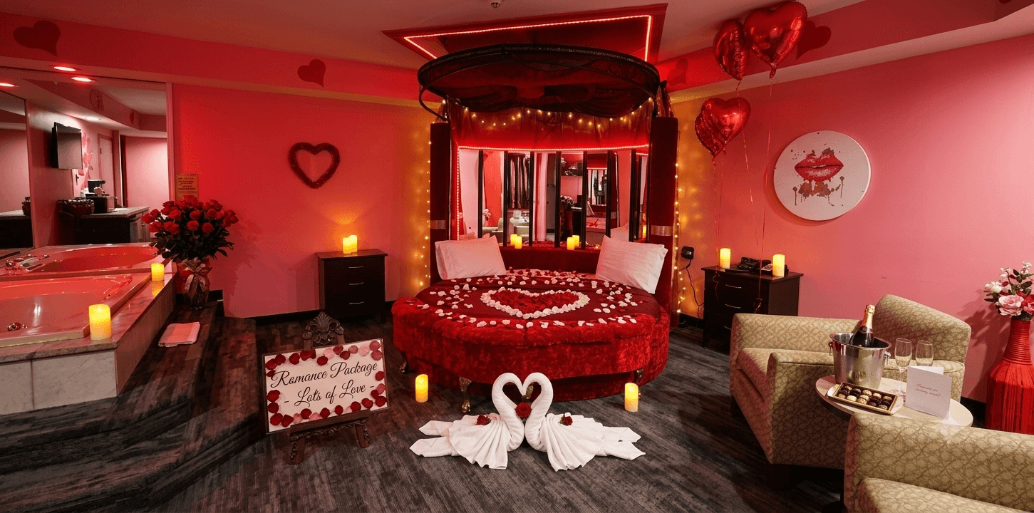 Romantic suite set up with rose petals and candles at Inn of the Dove, an adults-only hotel in Harrisburg PA