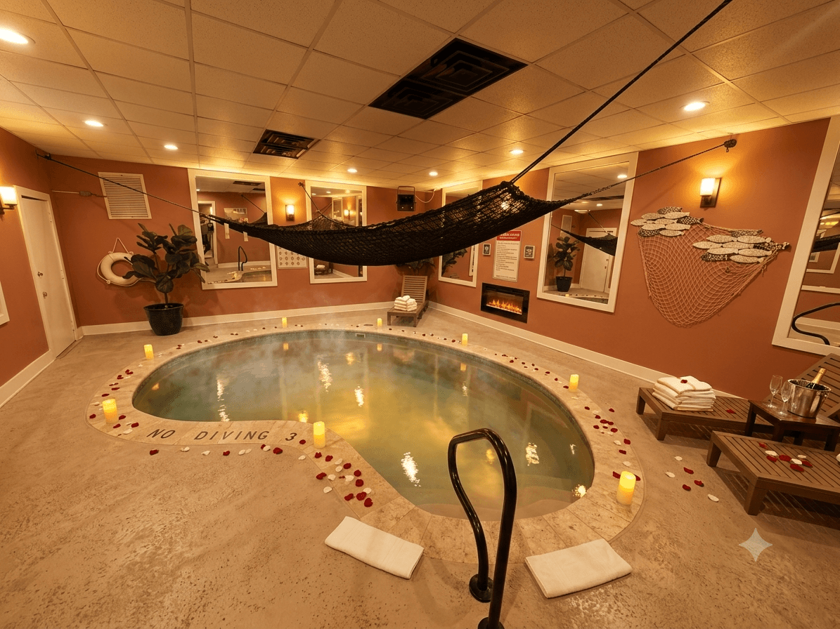 Private heated indoor pool suite with rose petals and candles at Inn of the Dove, pool suites near Harrisburg PA